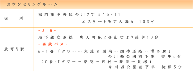 カウンセリングルーム：住所福岡市中央区今川2-15-11エステートモア大濠6　103豪最寄り駅は地下鉄空港線唐人町駅2番出口より徒歩10分西鉄バスは6-1番20番今川西公園前下車徒歩5分です